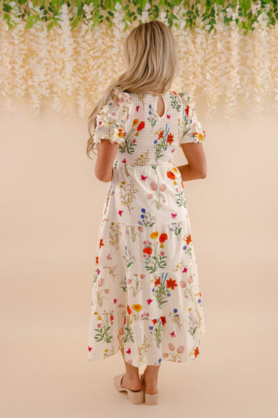 THML Floral Print Midi Dress- Women's Puff Sleeve Print Midi- Women's Spring Summer THML Dresses