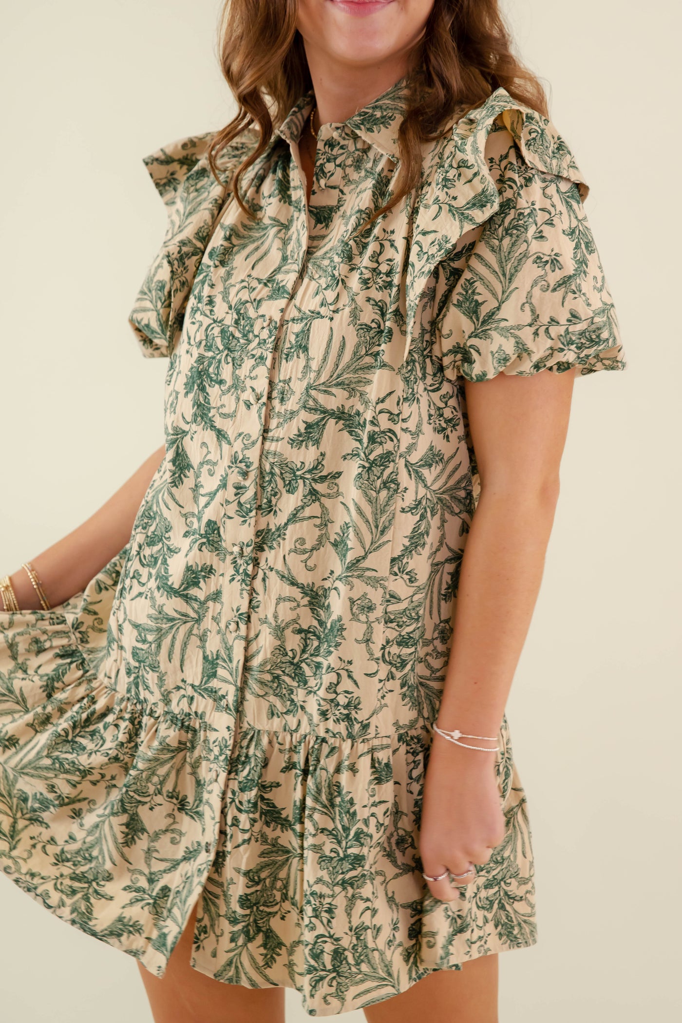Green Floral Print Ruffle Dress- Women's Printed A-Line Dress- Entro Dresses