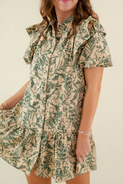 Green Floral Print Ruffle Dress- Women's Printed A-Line Dress- Entro Dresses