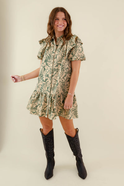 Green Floral Print Ruffle Dress- Women's Printed A-Line Dress- Entro Dresses