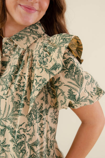 Green Floral Print Ruffle Dress- Women's Printed A-Line Dress- Entro Dresses