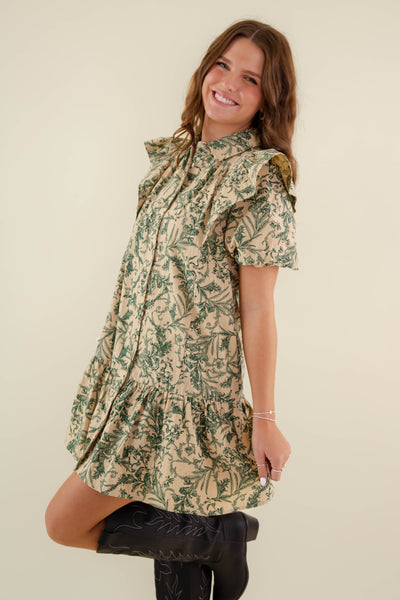 Green Floral Print Ruffle Dress- Women's Printed A-Line Dress- Entro Dresses
