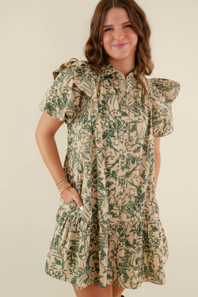 Green Floral Print Ruffle Dress- Women's Printed A-Line Dress- Entro Dresses