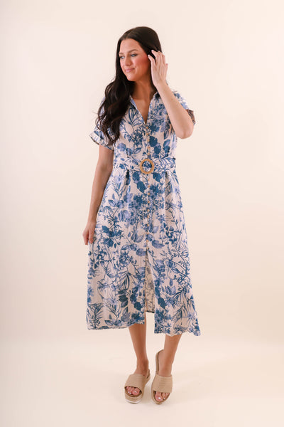 Tropical Print Midi Dress- Women's Vacation Dress- Blue And White Print Midi Dress
