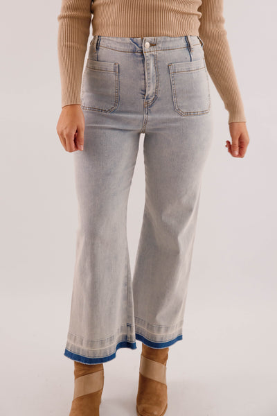 Wide Leg Light Wash Denim- Women's Raw Hem Jeans- Trendy Style Jeans