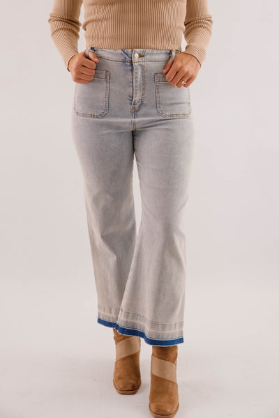 Wide Leg Light Wash Denim- Women's Raw Hem Jeans- Trendy Style Jeans