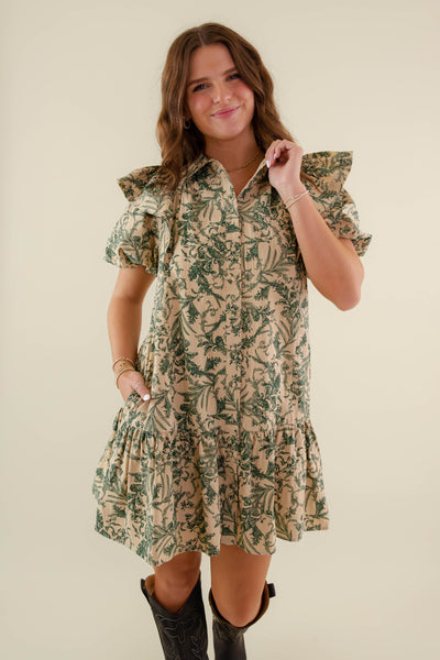 Green Floral Print Ruffle Dress- Women's Printed A-Line Dress- Entro Dresses