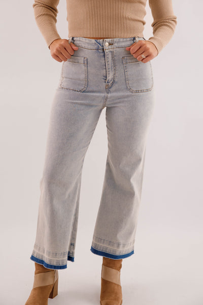 Wide Leg Light Wash Denim- Women's Raw Hem Jeans- Trendy Style Jeans