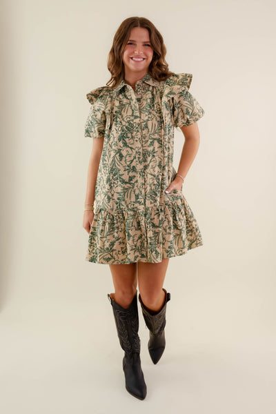 Green Floral Print Ruffle Dress- Women's Printed A-Line Dress- Entro Dresses