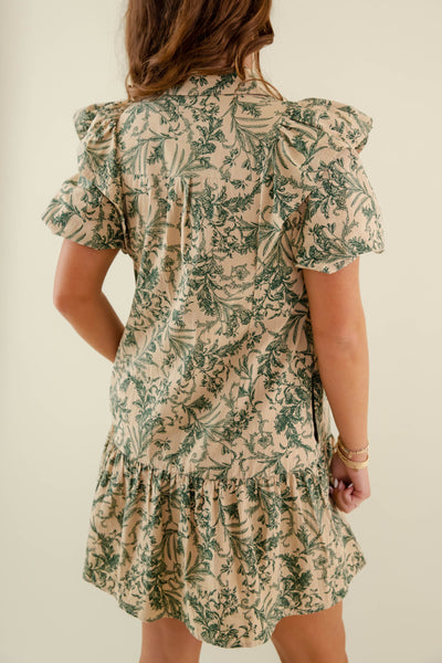 Green Floral Print Ruffle Dress- Women's Printed A-Line Dress- Entro Dresses