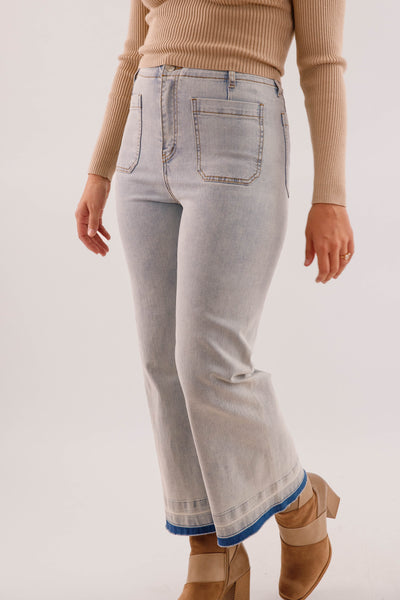 Wide Leg Light Wash Denim- Women's Raw Hem Jeans- Trendy Style Jeans