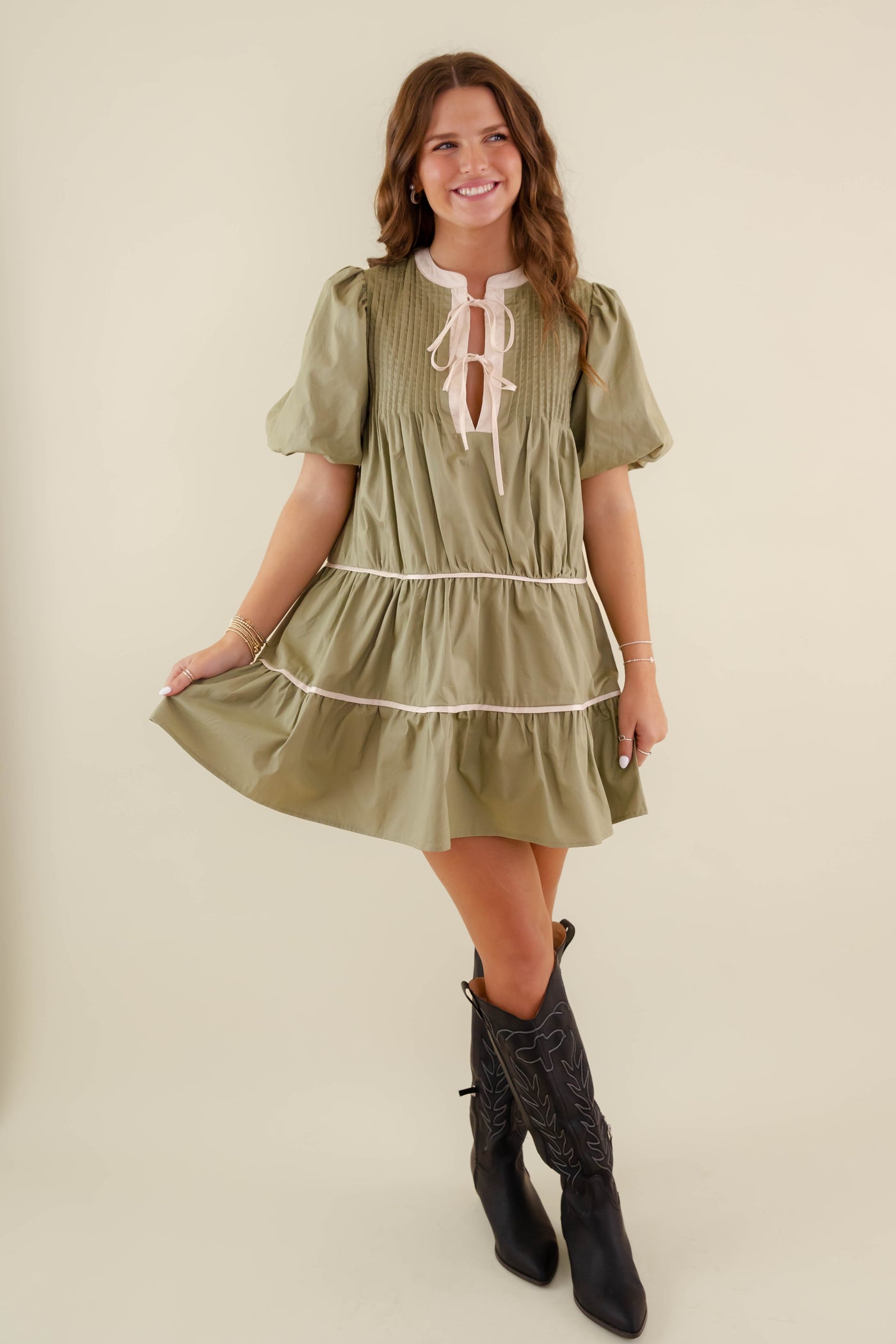 Olive Green Cotton Dress- Women's Puff Sleeve Babydoll Dress- Entro Dresses
