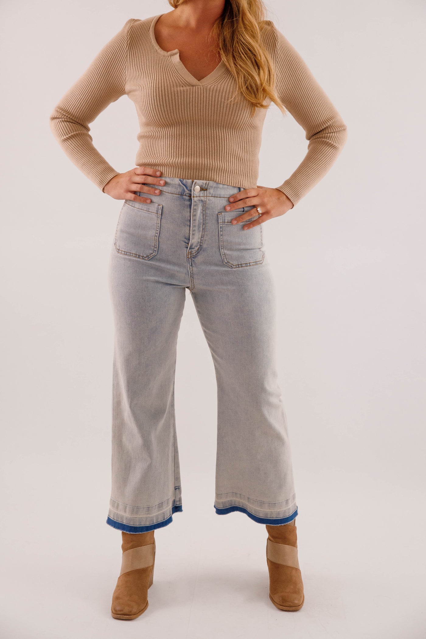 Wide Leg Light Wash Denim- Women's Raw Hem Jeans- Trendy Style Jeans