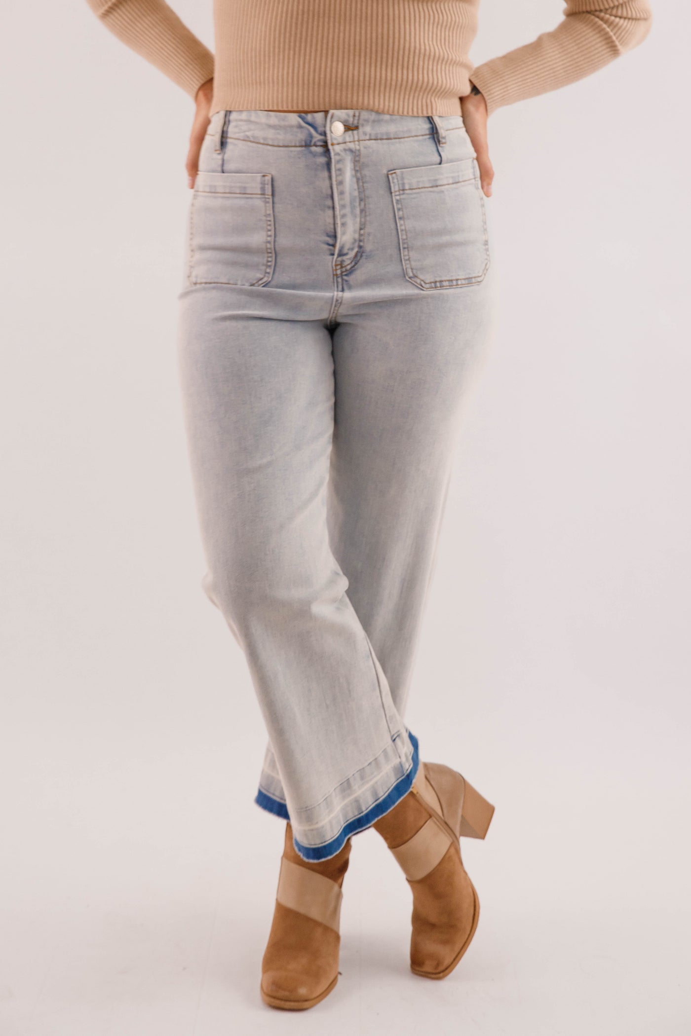 Wide Leg Light Wash Denim- Women's Raw Hem Jeans- Trendy Style Jeans