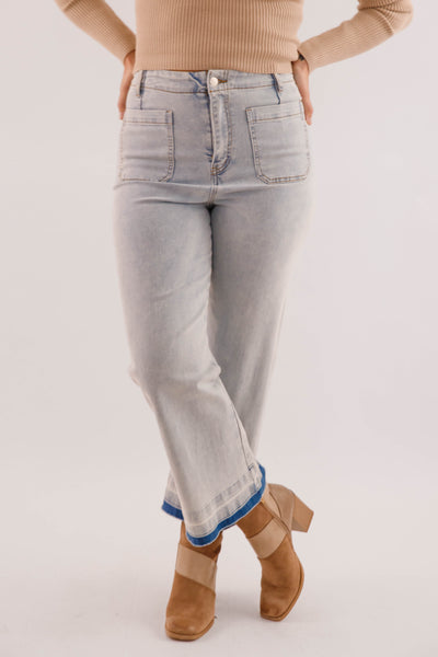 Wide Leg Light Wash Denim- Women's Raw Hem Jeans- Trendy Style Jeans