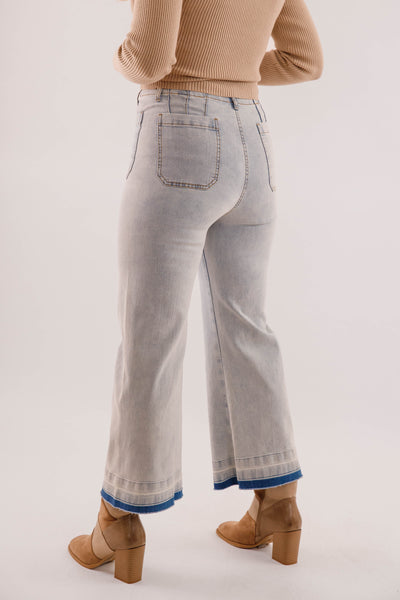 Wide Leg Light Wash Denim- Women's Raw Hem Jeans- Trendy Style Jeans