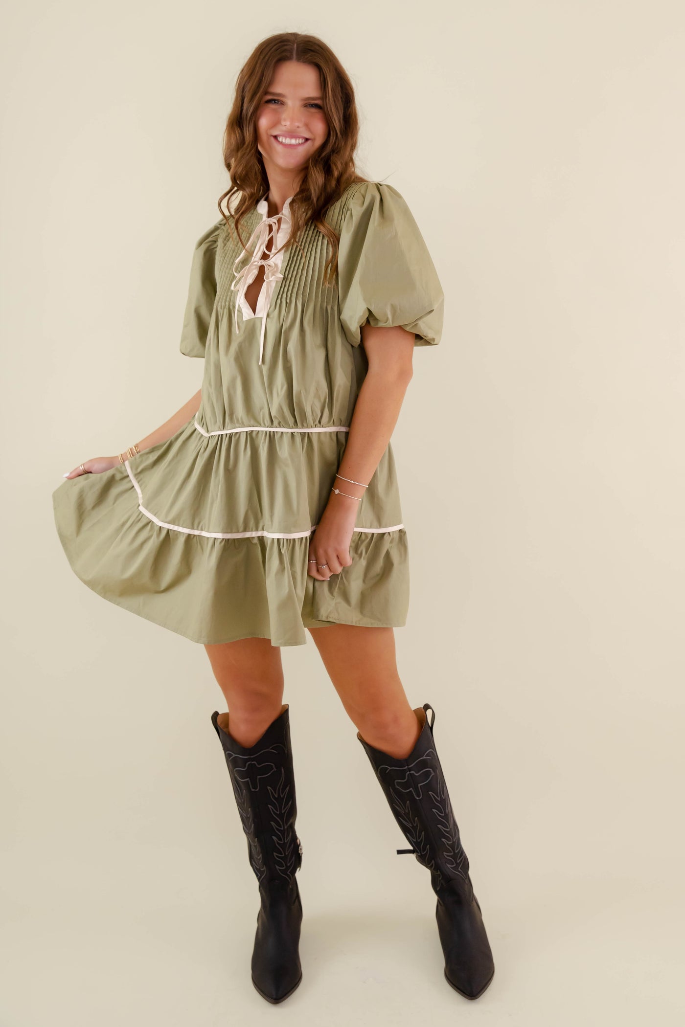 Olive Green Cotton Dress- Women's Puff Sleeve Babydoll Dress- Entro Dresses