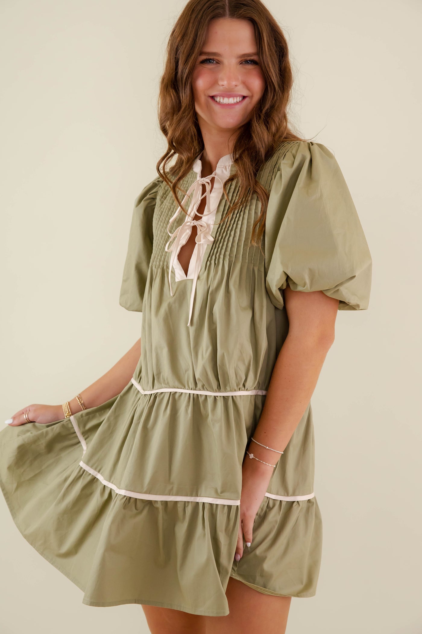 Olive Green Cotton Dress- Women's Puff Sleeve Babydoll Dress- Entro Dresses
