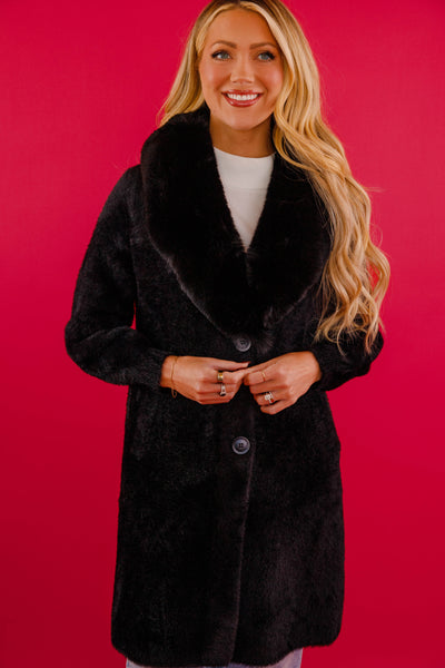 Black Fuzzy Long Coat- Women's Long Black Fur Coat- Lena Long Black Coat