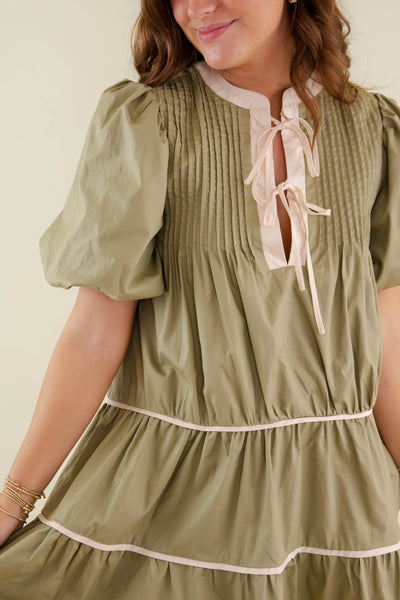 Olive Green Cotton Dress- Women's Puff Sleeve Babydoll Dress- Entro Dresses