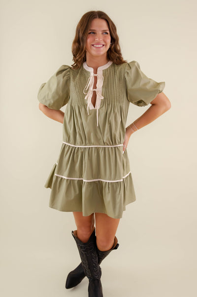 Olive Green Cotton Dress- Women's Puff Sleeve Babydoll Dress- Entro Dresses