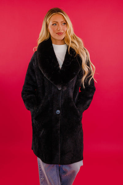 Black Fuzzy Long Coat- Women's Long Black Fur Coat- Lena Long Black Coat