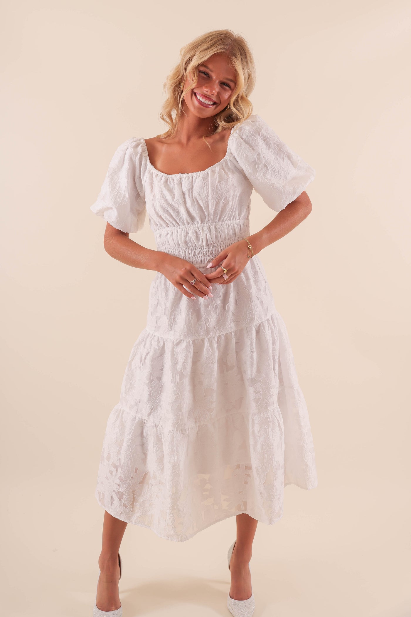 White Midi Dress with Balloon Sleeves - Classy White Lace Overlay Dress