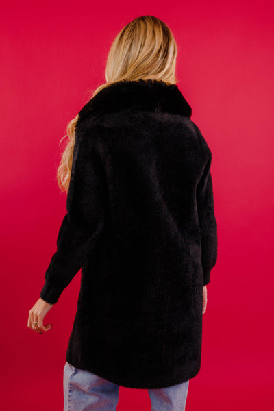 Black Fuzzy Long Coat- Women's Long Black Fur Coat- Lena Long Black Coat
