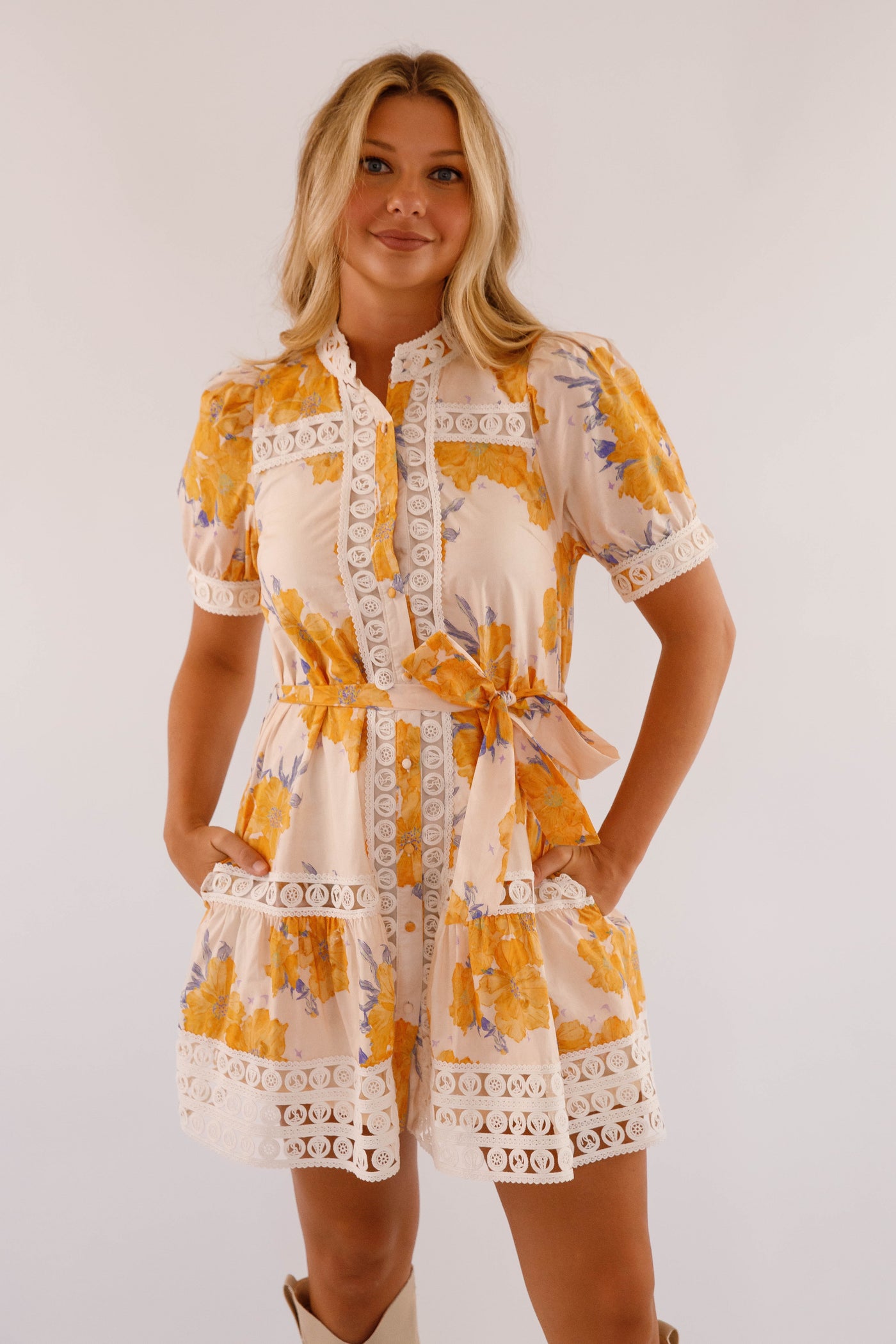 Floral Cotton Mini Lace Trim Dress- Honey Yellow Dress- Women's Entro Dresses