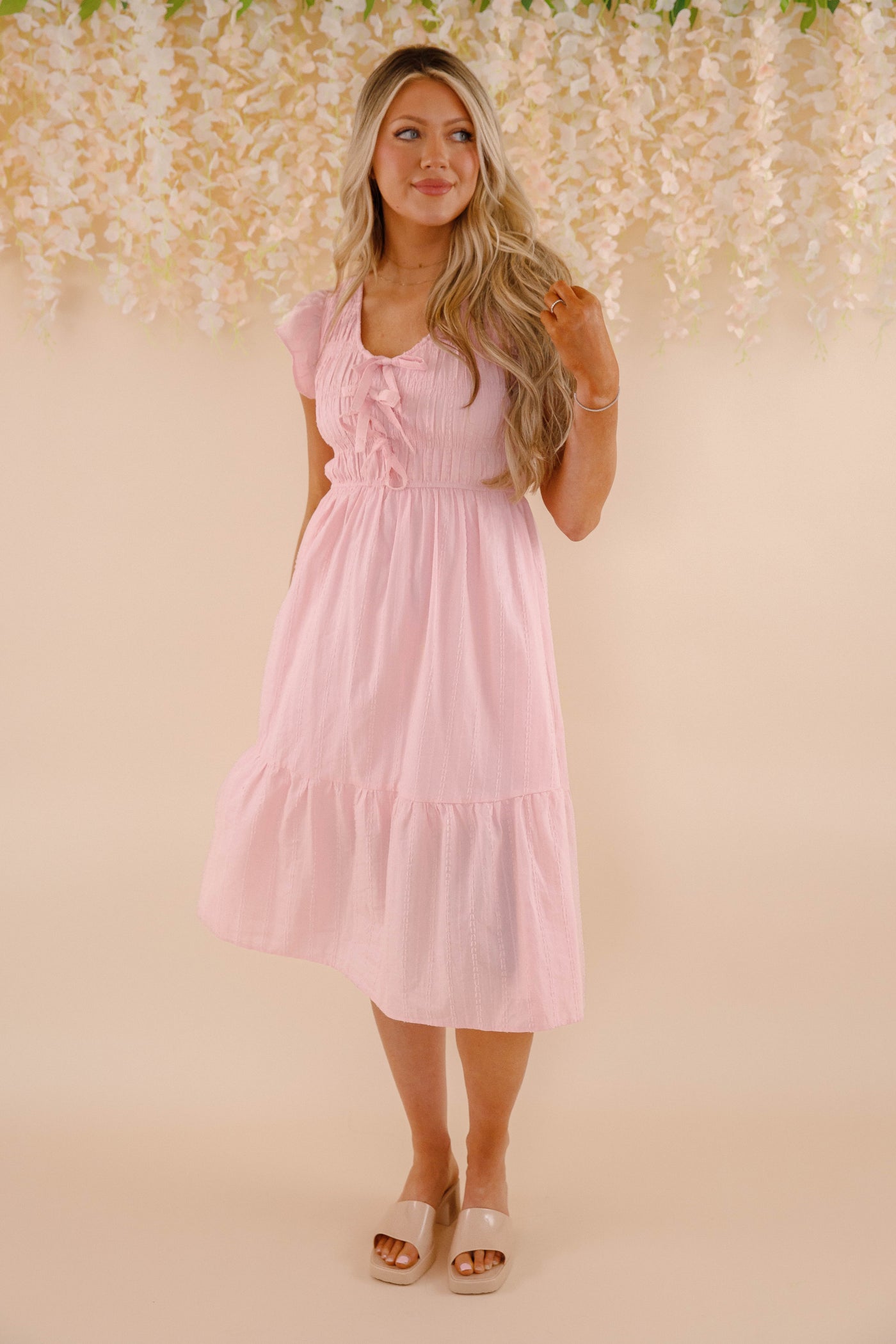 Women's Pink Cotton Midi Dress- Pink Bow Cotton Dress- Women's Spring Summer Dresses