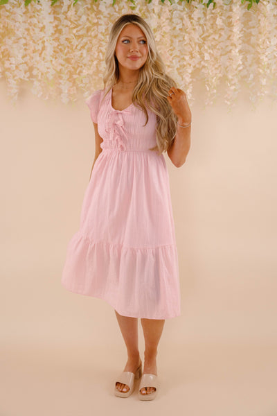 Women's Pink Cotton Midi Dress- Pink Bow Cotton Dress- Women's Spring Summer Dresses