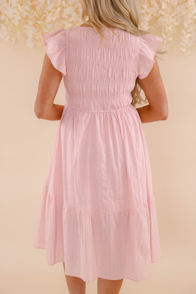 Women's Pink Cotton Midi Dress- Pink Bow Cotton Dress- Women's Spring Summer Dresses
