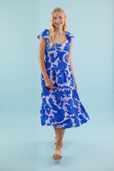 Women's Blue Water Color Dress- Women's Blue Floral Dress- TCEC Dress