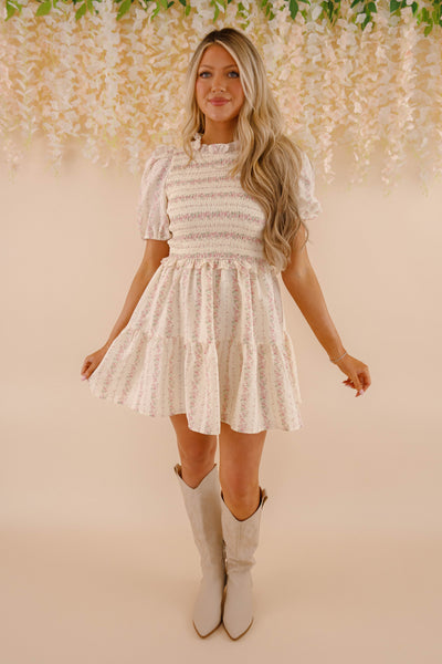 Floral Pink and White Mini Dress- Women's Floral Puff Sleeve Dress- Women's Love Fancy Dresses