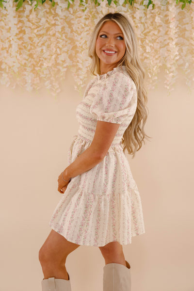Floral Pink and White Mini Dress- Women's Floral Puff Sleeve Dress- Women's Love Fancy Dresses