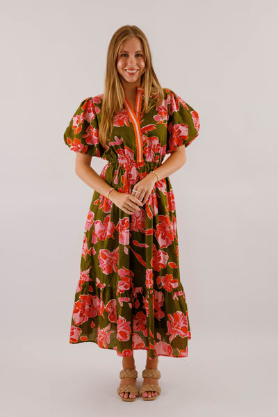 Women's Olive Printed Dress- THML Midi Dress- Women's Anthro Midi Dress