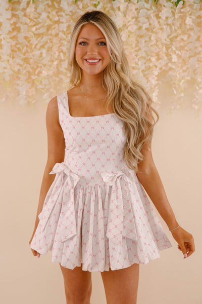 Cotton Pink Bow Mini Dress- Women's Drop Waist Bubble Dress- PeachLove Dresses