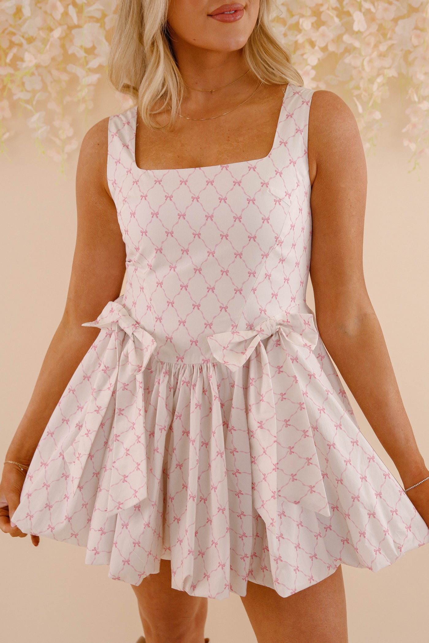 Cotton Pink Bow Mini Dress- Women's Drop Waist Bubble Dress- PeachLove Dresses