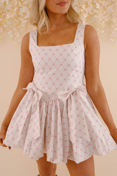 Cotton Pink Bow Mini Dress- Women's Drop Waist Bubble Dress- PeachLove Dresses