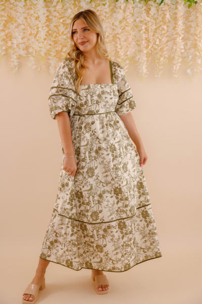 Woodland Toile Print Dress- Puff Sleeve Cotton Dress- Women's Olive Green Dress