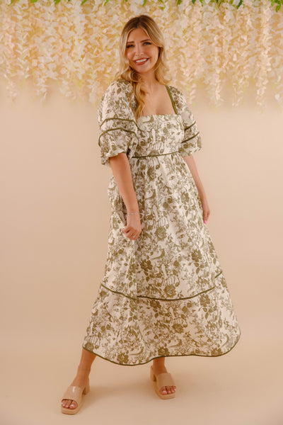 Woodland Toile Print Dress- Puff Sleeve Cotton Dress- Women's Olive Green Dress