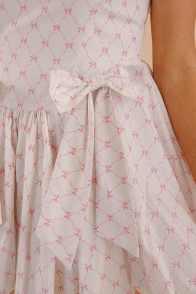 Cotton Pink Bow Mini Dress- Women's Drop Waist Bubble Dress- PeachLove Dresses