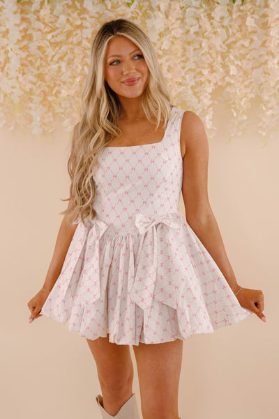 Cotton Pink Bow Mini Dress- Women's Drop Waist Bubble Dress- PeachLove Dresses