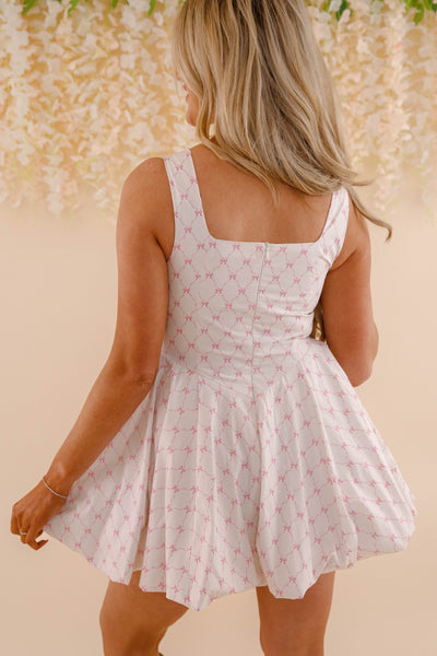 Cotton Pink Bow Mini Dress- Women's Drop Waist Bubble Dress- PeachLove Dresses