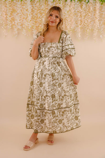 Woodland Toile Print Dress- Puff Sleeve Cotton Dress- Women's Olive Green Dress