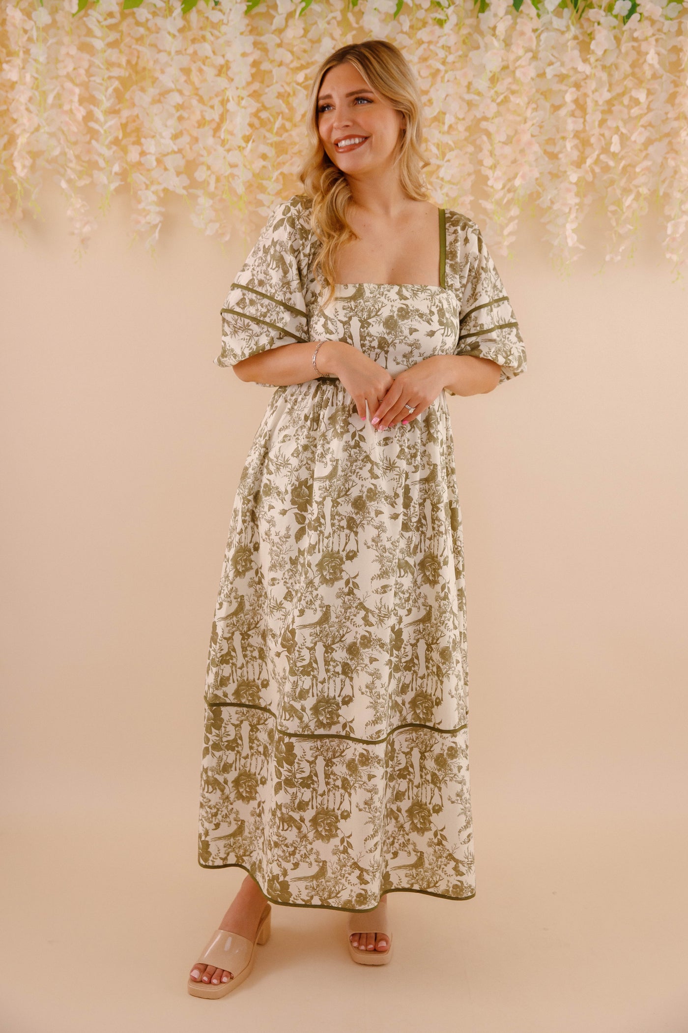 Woodland Toile Print Dress- Puff Sleeve Cotton Dress- Women's Olive Green Dress