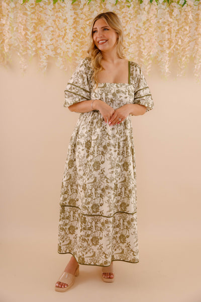 Woodland Toile Print Dress- Puff Sleeve Cotton Dress- Women's Olive Green Dress