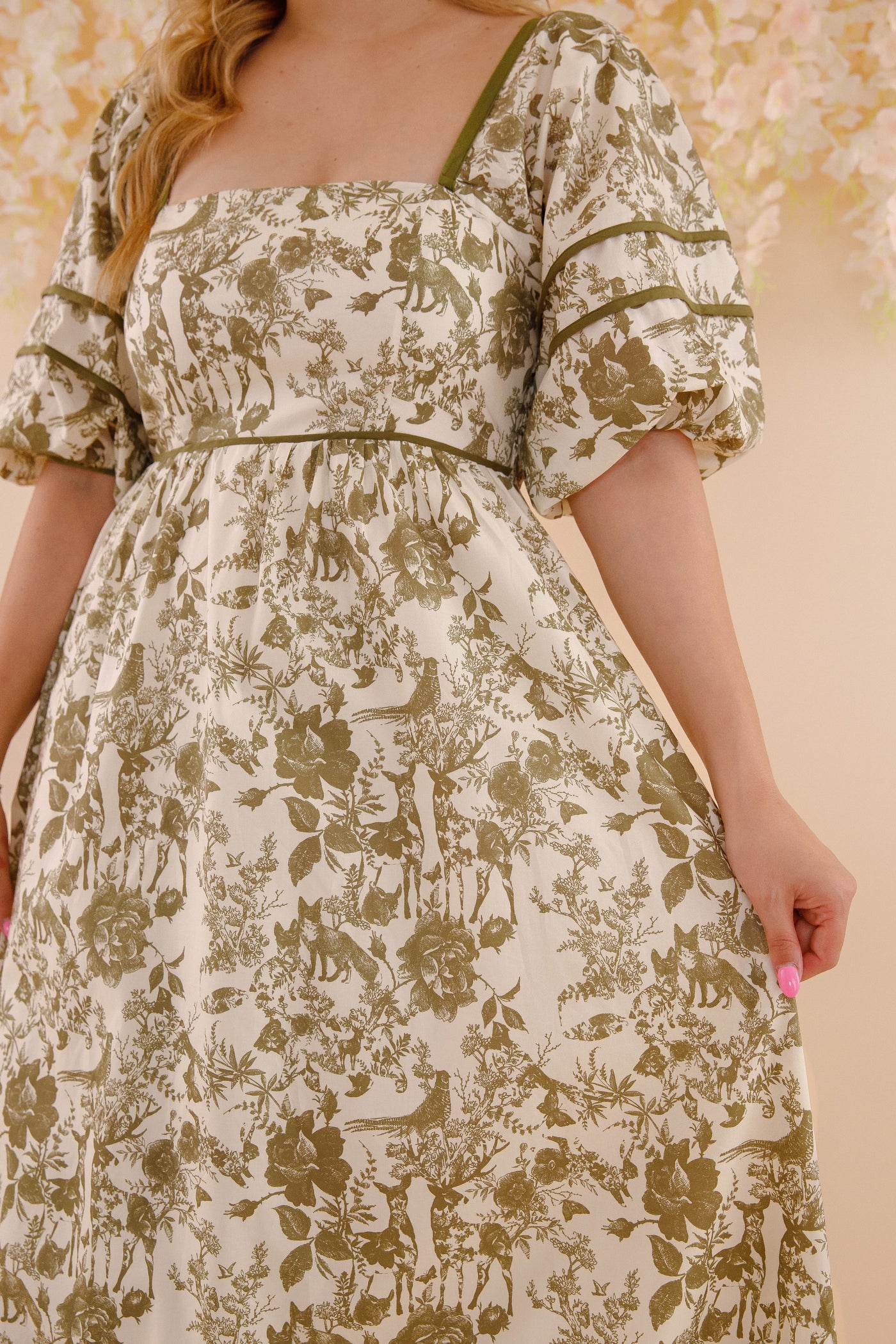 Woodland Toile Print Dress- Puff Sleeve Cotton Dress- Women's Olive Green Dress