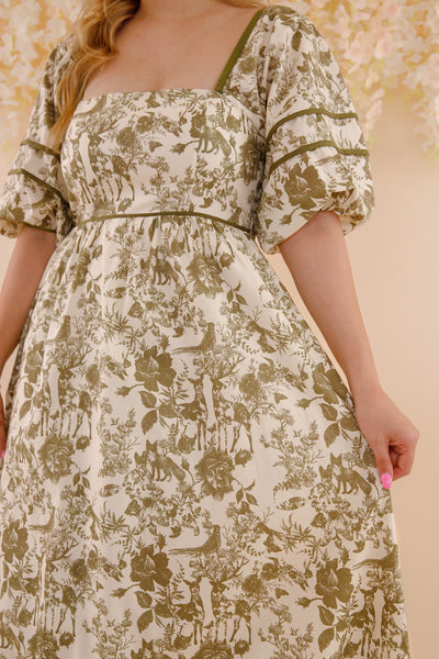 Woodland Toile Print Dress- Puff Sleeve Cotton Dress- Women's Olive Green Dress