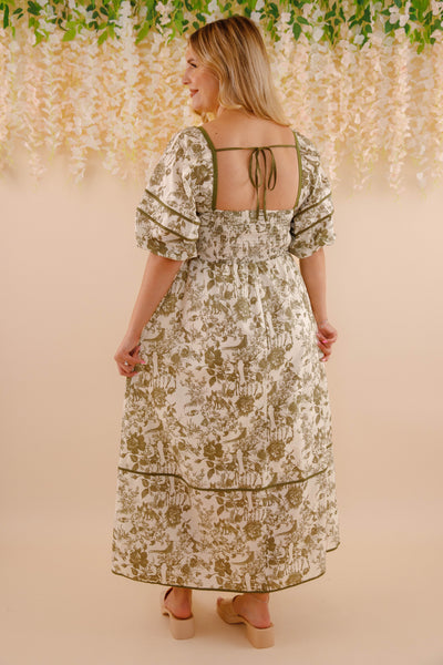 Woodland Toile Print Dress- Puff Sleeve Cotton Dress- Women's Olive Green Dress